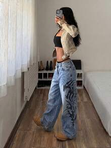 StreetHx Jeans acampanados con estampado retro vintage para tallas grandes - Azul lavado oscuro - Ver 5
