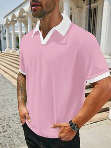 Manfinity Homme Camisa polo de manga corta casual con bloques de color para hombres talla grande, verano - Rosa - Ver 3