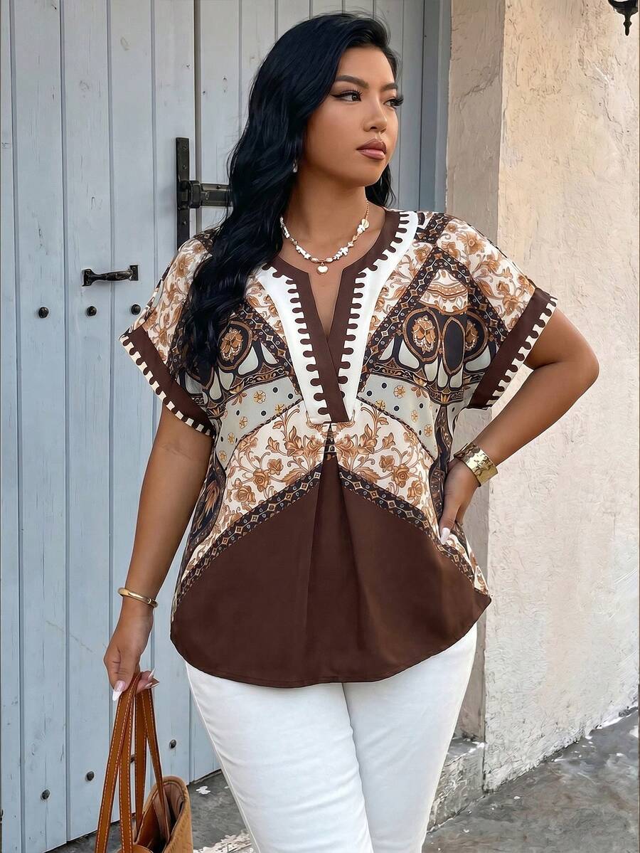 Weeklong Plus Size Women's Spring/Summer Floral Placement Print Casual Vacation Shirt - Multicolor - View 1