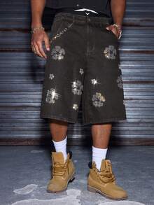 AXEPEAK Men's Washed Rhinestone Embellished Casual Shorts - Black - View 4
