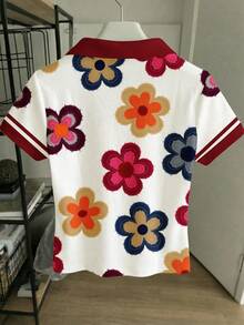 少女压花T恤，波西米亚风野花植物图案T恤，休闲印花短袖上衣，夏季，可爱 - 彩色 - 查看 2