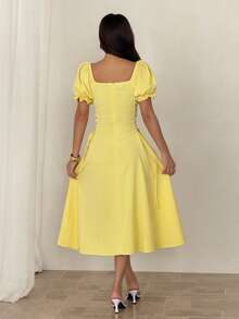 SHEIN PETITE Đầm vàng tay cánh hoa, thắt eo, dài ngang gối - Màu vàng - Xem 2