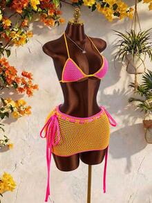Amplova Women's Vacation Beach Contrast Trim Backless Halter Knit Top And Skirt 2 Pieces Set - Hot Pink - View 4