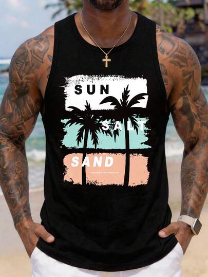 VIVINTIMO Áo tank top không tay in hình cây cọ đen dành cho nam, thích hợp mặc hàng ngày, đi nghỉ mát ở đảo hoặc khu nghỉ dưỡng Hawaii.
