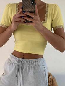 DAZY Women's Fashion Vacation Lace Patchwork Cropped Camisole Y2K Cute Everyday Light Yellow Summer - Yellow - View 5