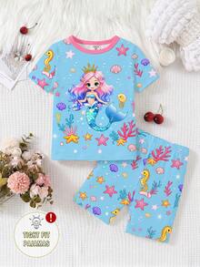 2pcs/Set Young Girl Blue Mermaid & Starry Pattern Glow-In-The-Dark Knit Elastic Soft Short Sleeve Top And Shorts Pajama Set - Blue - View 5