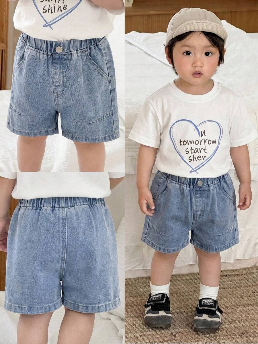 SHEIN Baby Boy New Casual Soft Basic Loose Fit Blue Denim Jeans Shorts Spring Summer,For Spring/Summer Dailywear,Boys Streetwear,Festival For Boys,Party For Boys,Beach For Boys,Boys Graduation,Casual Baby,Summer Vacation For Baby, Graphic Jeans Boys,Shorts,2-Years-Old Boys Shorts,Casual Shorts,Summer Shorts,Boys Shorts,Denim Shorts,Graphic Shorts,Baby Shorts, Summer - Light Wash - View 1
