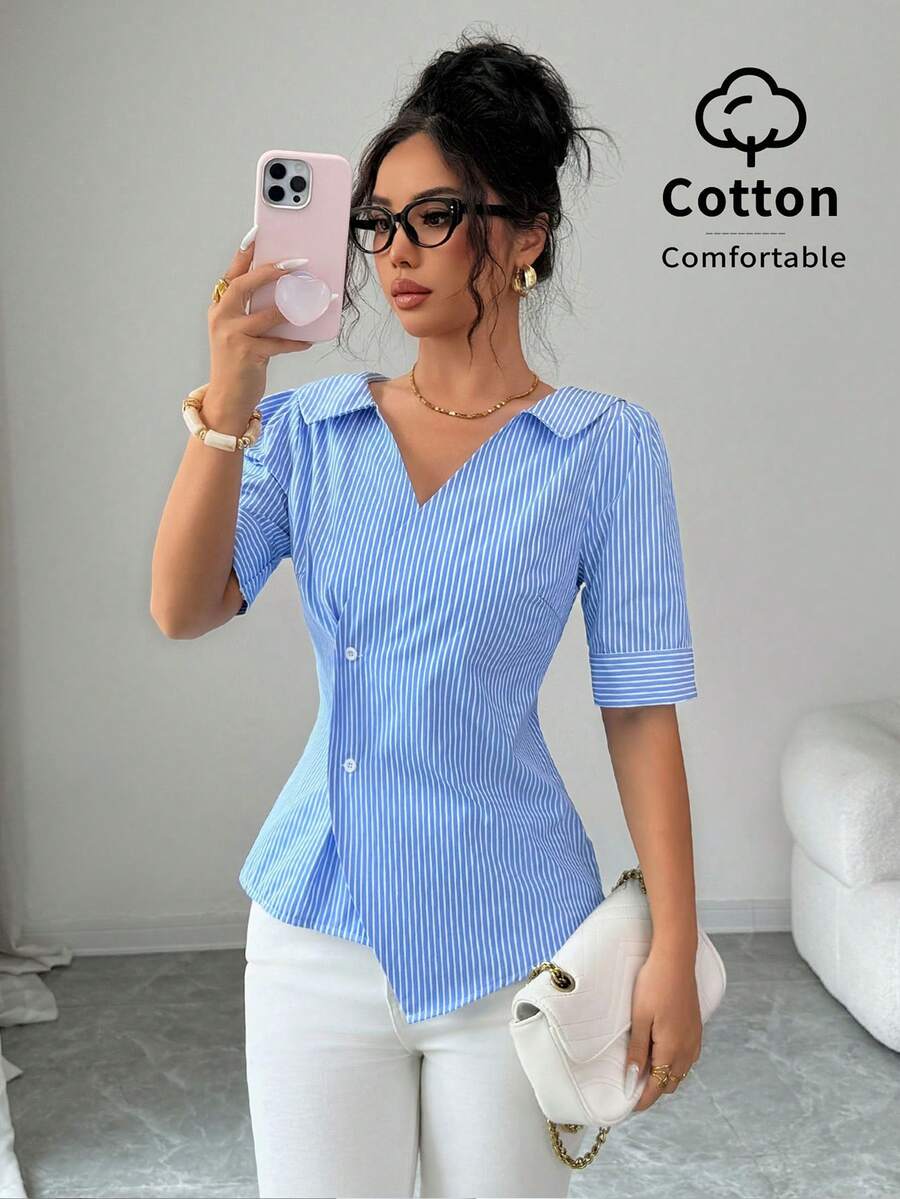 Elenzga Áo sơ mi nữ mùa hè mới có cổ, thiết kế thắt eo tôn dáng, gợi cảm, thanh lịch, bất đối xứng, tay áo cánh hoa kẻ sọc xanh, kiểu dáng rộng rãi, thoải mái, đa năng. - Màu xanh lam - Xem 1