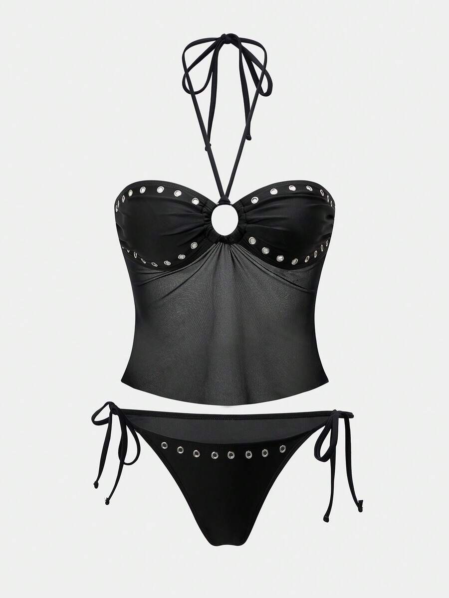 Women's Halter Tie Tankini Top And Triangle Bottoms Swimsuit Set, Suitable For Summer Vacation - Black - View 1