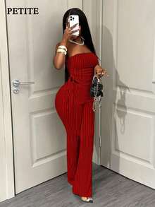 SHEIN PETITE 女款紅色條紋夏季性感時尚夜店套裝，修身無袖短版上衣 + 高腰收腰長褲度假服飾，夏季套裝，適合嬌小女性 - 紅色 - 查看 3