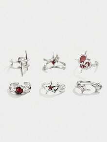 ROMWE Goth Bộ 6 chiếc nhẫn hình ngôi sao phong cách Punk được cá nhân hóa, đính đá acrylic màu đỏ, quà tặng ngày lễ cho bạn bè và bạn học, trang sức thời trang quyến rũ. - 6pcs - ngôi sao màu đỏ - Xem 1