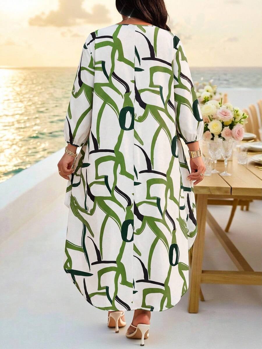 SHEIN Lady 春夏优雅通勤办公休闲波西米亚风彩色编织圆领高低袖七分袖大码T恤 大码衬衫 - 彩色 - 查看 1