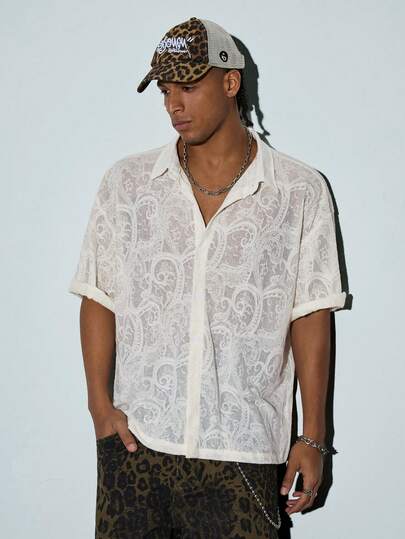 Modcrash Men's Sexy Sheer Lace Shirt, Fashionable Paisley Jacquard Short Sleeve Button-Up Shirt, Cropped Loose Fit Versatile Light Apricot Shirt Unisex Couples Outfit, Suitable For Weekend Dates Cruise Parties Summer Vacation Parties, Perfect Gift For Boyfriend & Son & Mother's Day