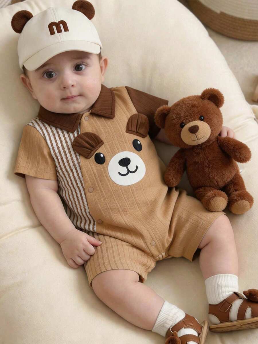 SHEIN Bộ áo liền quần tay ngắn hình gấu 3D dễ thương phối màu cho bé trai/bé gái sơ sinh, trang phục mùa hè cho bé. - màu nâu - Xem 1