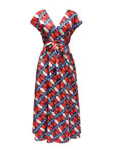 Elenzga Women's Casual Printed Deep V-Neck Criss-Cross Tie Waist High Slit Dress - Multicolor - View 4
