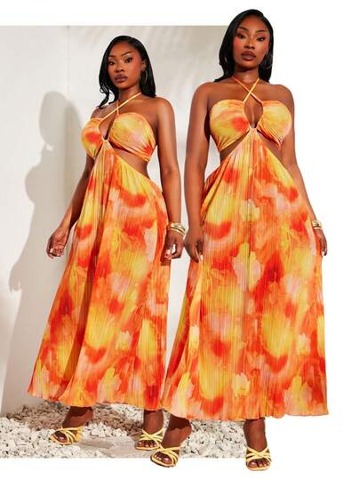 SHEIN SXY Orange-Yellow Tie-Dye Printed Pleated Knitted Dress With Halter Neck, Tie Waist, And Cutout Details - A Sexy Long Women's Dress.Spring/Summer Casual Vacation Bohemian Elegant Suitable For Everyday Wear, Music Festival, Concert, Carnival Party, Beach Vacation, Date Night, Birthday, Bachelorette Party, Club, Cute, Casual, Shopping, Street Wear, Going Out, Easy To Match & Looks Slim, Accent Your Body, Flatter The Figure