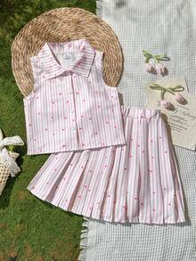 Vintaside Kids Conjunto de niña preadolescente con estampado de corazones a rayas - Perfecto para salidas diarias y reuniones casuales - Rosa Pálido - Ver 5