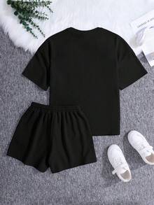 SHEIN 少女针织休闲英文印花宽松T恤和短裤两件套 - 黑色 - 查看 2