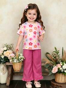 SHEIN Genkimix Kids 2件套女童（小号）春夏新款印花T恤和纯色梭织长裤，面料柔软舒适，款式可爱甜美，适合休闲、上学、度假、派对等场合。 - 粉色 - 查看 9