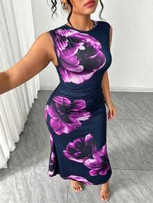 SHEIN PETITE CURVE 大码女式碎花针织修身连衣裙，优雅适合约会和外出 - 紫色 - 查看 5