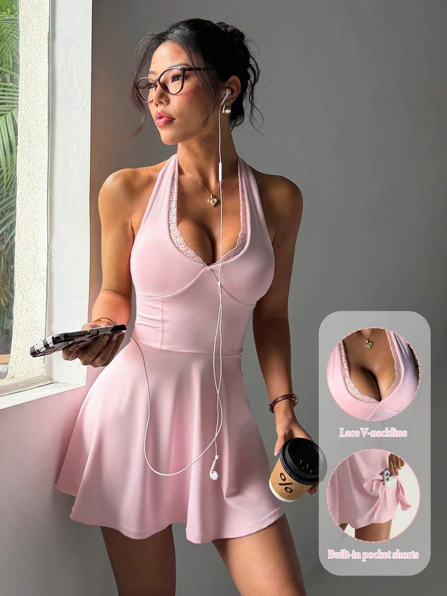 SHEIN 女士无袖马卡龙粉色拼接蕾丝露背运动连衣裙，时尚百搭，适合日常休闲、跑步、瑜伽、健身、网球、高尔夫等运动。 - 粉色 - 查看 1