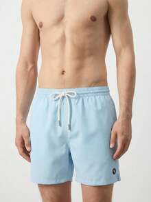 Manfinity CityGents 男式字母图案抽绳腰口袋沙滩短裤 - 藍色 - 查看 3