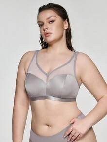 SHEIN Bra Tanpa Kawat Kasual untuk Wanita Ukuran Plus dengan Motif Jala dan Patchwork untuk Penggunaan Sehari-hari - Grey - View 4