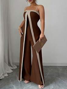 Elenzga Jumpsuit Kasual Ukuran Besar dengan Warna Kontras dan Celana Panjang Lurus untuk Wanita - Coklat - View 4
