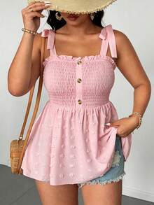 Elenzga Plus Size Women's Solid Color Front Pocket Patchwork Textured Fabric Shoulder Strap Blouse - Pink - View 5