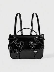 ROMWE Ba lô đeo vai kiểu cánh dơi phong cách Gothic, ba lô đi học. - Gương màu đen - Xem 1