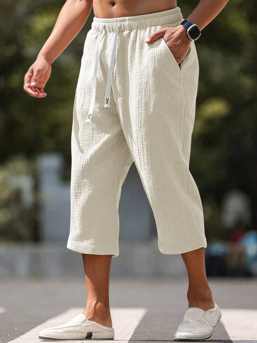 VENTUSAIL Pantalon 7/8 en coton et lin de couleur unie, décontracté et polyvalent pour hommes, vacances - Beige - Voir 1