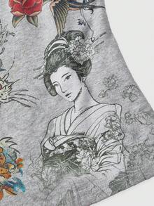 ROMWE Grunge Punk Áo croptop bó sát in hình hổ và dây leo gợi cảm phong cách retro Y2K, kiểu dáng giả hình xăm. - Xám - Xem 3