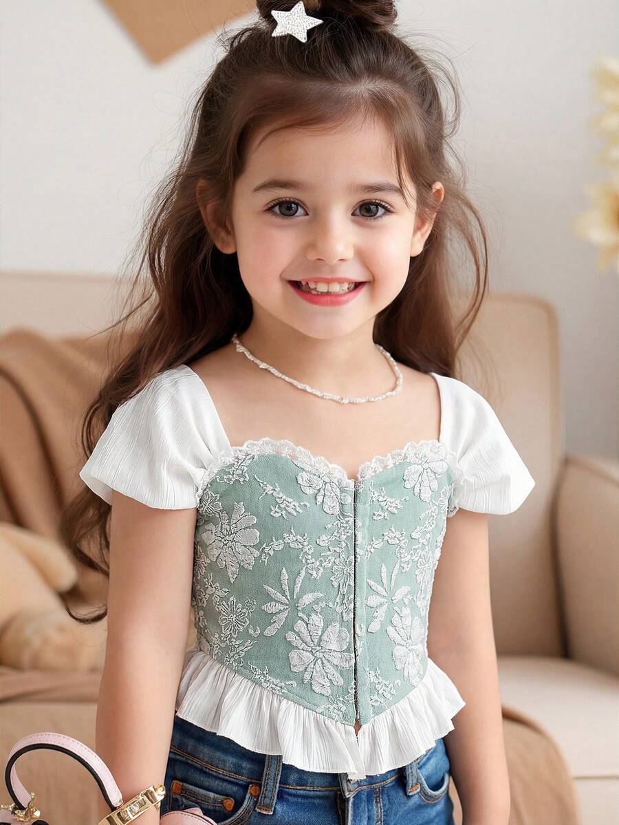 SHEIN Young Girl Elegant Jacquard Off-Shoulder Ruffle Corset Structure Hem Top, Jacquard Satin Blouse - Green - View 1
