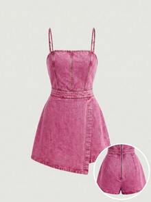 SHEIN MOD Plus Size Denim Jumpsuit, Casual Fitted Mini Blue - Pink - View 1
