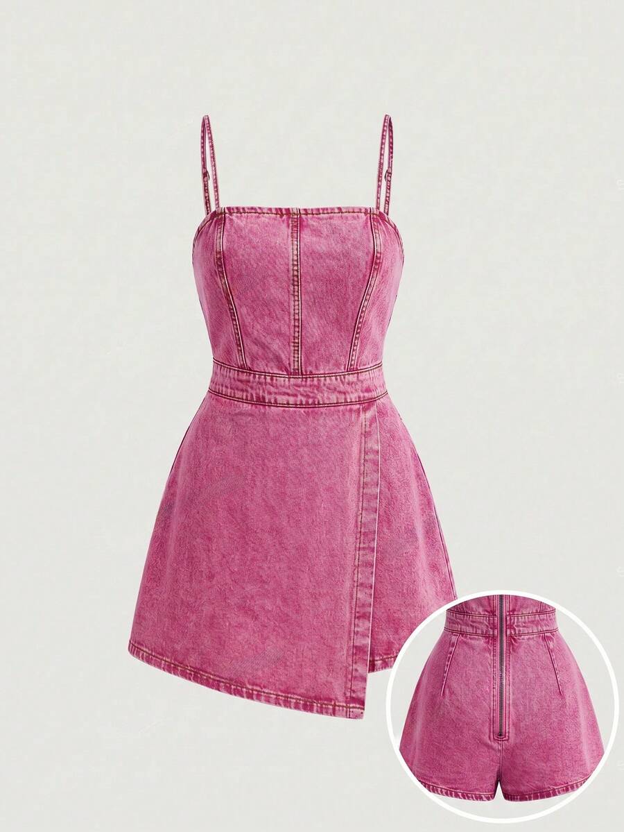 SHEIN MOD Plus Size Denim Jumpsuit, Casual Fitted Mini Blue - Pink - View 1
