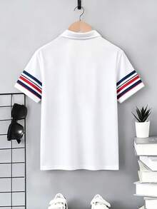 SHEIN Vacaura Tween Boy Knight Striped Print Short Sleeve Polo Shirt, Suitable For Casual & Commute Wear - White - View 2