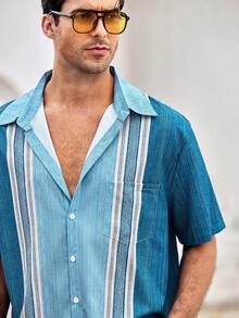 Mercer Haus Retro Geometric Contrast Color Textured Print Men's Lightweight Loose Button Pocket Short Sleeve Shirt - Blue - View 6