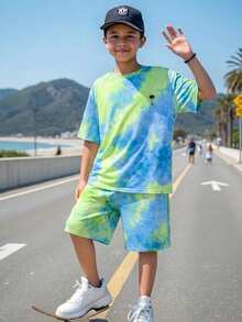 SHEIN Setelan 2 Potong untuk Remaja Laki-laki: Kaos Lengan Pendek dan Celana Pendek Kasual Motif Tie-Dye, Cocok untuk Liburan Musim Semi dan Musim Panas - MultiWarna - View 6