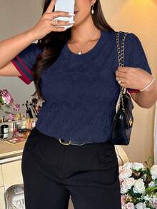 SHEIN Clasi 女士休闲衬衫，适合日常通勤、情人节、街头风等各种场合，百搭商务优雅知性风，圆领条纹修身短袖撞色杏色宽松直筒套头针织衫，大码可选，春夏款 - 藏蓝色 - 查看 3