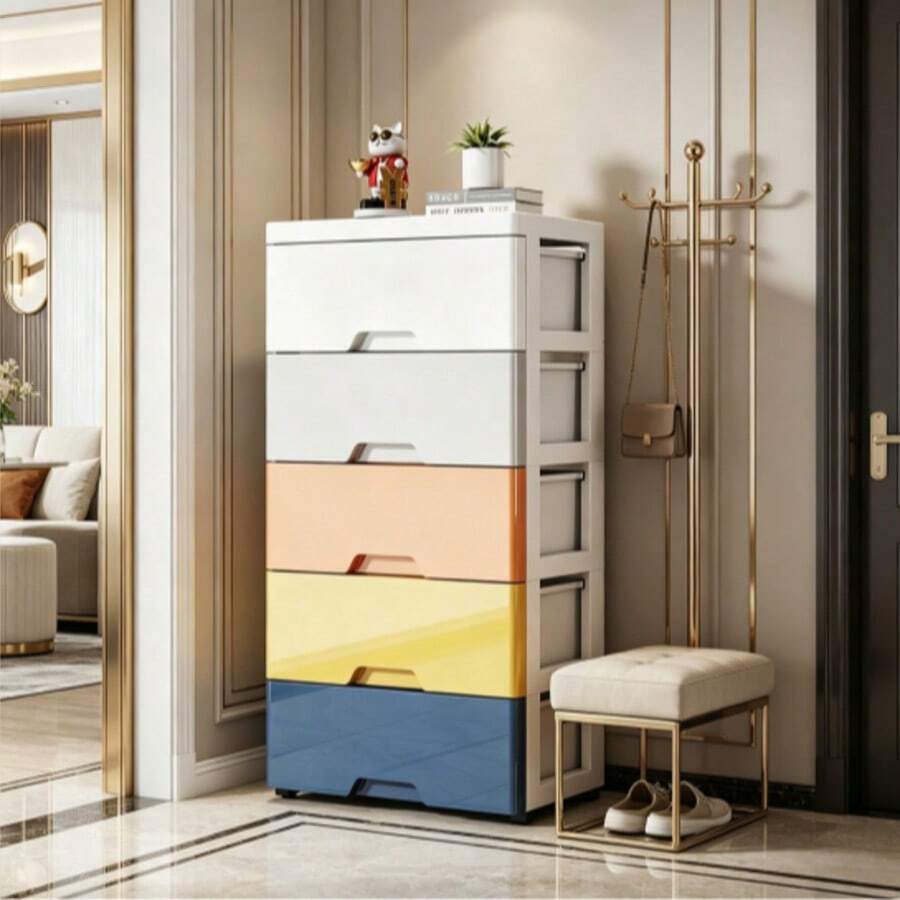 1 pieza Gabinete de almacenamiento moderno y multifuncional de plástico, de color blanco rectangular, perfecto para almacenar juguetes, ropa, organización del hogar, organizador de almacenamiento de juguetes debajo de la cama - Multicolor - Ver 1