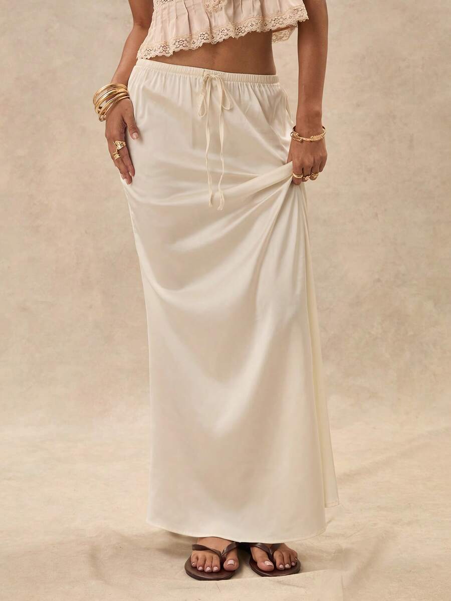 Easelle Women's Elegant White Drawstring Waist Satin Fish Tail Hem Skirt Summer  Festival Outfits For Women Party Elegant - White - View 1