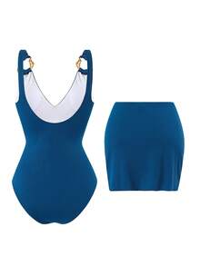 SHEIN Swim Oasis Bộ áo tắm liền thân và váy ngắn màu trơn đính kim loại dành cho nữ, thích hợp cho kỳ nghỉ biển, tiệc bể bơi, tiệc bãi biển. - Màu xanh lam - Xem 2