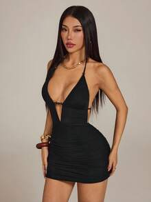 SHEIN PETITE Đầm ngắn gợi cảm cổ chữ V sâu, dây buộc, hở lưng dành cho nữ, dáng ôm sát, xếp ly, thích hợp cho hẹn hò, tiệc trà chiều, kỳ nghỉ hè, đi biển, tiệc tùng. Màu đen. - màu đen - Xem 7
