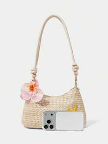 Bolso de Hombro Elegante de Moda Coreana, Bolso Bandolera Versátil para Uso Diario de Mujeres - Bolso de paja blanco con rayas horizontales y estrella de mar amarilla. - Ver 3