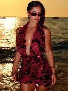 Sirith Vestido de fiesta ajustado con escote en V y espalda descubierta con lentejuelas - Beis - Ver 3