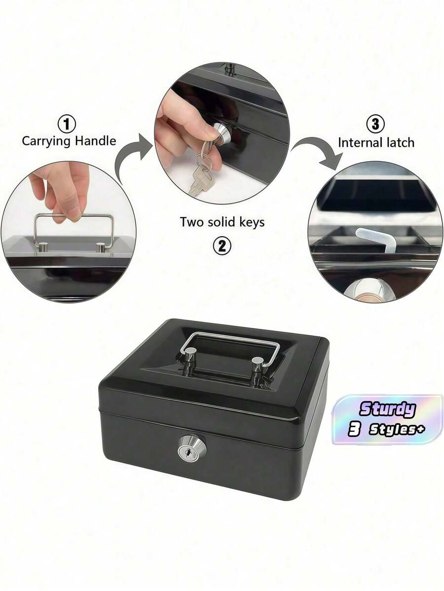 Home Money With Lock - Medium Steel Cash Box Includes Money Tray, Secure Storage For Bills, Coins & Valuables - Black - View 1