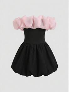 SHEIN Đầm dự tiệc thanh lịch cho bé gái, kiểu trễ vai, phối màu, vạt phồng xếp ly, viền bèo nhún bằng vải organza, màu đen, thích hợp cho đám cưới, ngày Valentine. - Hồng - Xem 7