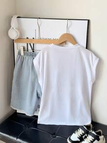2pcs/Set Kids Tween Boys Casual Comfortable Versatile Sleeveless Top And Denim Shorts Set, Suitable For Commuting, School, Daily Casual Wear, Sports, Spring/Summer - White - View 5