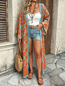 Ceyna Plus Size Women's New Elegant Multi-Color Bohemian Style Colorful Paisley Pattern Open Front Long Sleeve Long Cardigan Outerwear Fall - Blue - View 4