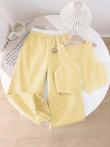 SHEIN LMoss Kids 少女优雅时尚条纹撞色无袖套装 - 黃色 - 查看 1